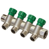 Распродажа! Коллектор латунный никелированныйDN 20 4 выхода G 1/2'' с запорными клапанами плоское присоединение отвода,SGL (216114726) со склада Проконсим в Уфе