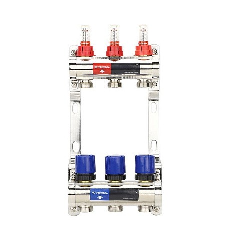 Коллекторная группа из латуни DN 25-3 вых. G-3/4'' евроконус, с расходомерами, без дренажного крана и воздухоотводчика VARMEGA VM15403 купить в Уфе | "Проконсим"