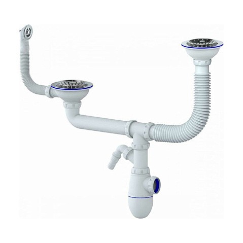 Сифон для двойной мойки Unicorn Y710V, без отвода, 3 1/2'' х40 с отводом для стиральной машины, круглый перелив купить в Уфе | "Проконсим"